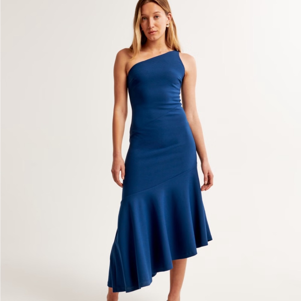 Navy One-Shoulder Asymmetrical Hem Midi Dress